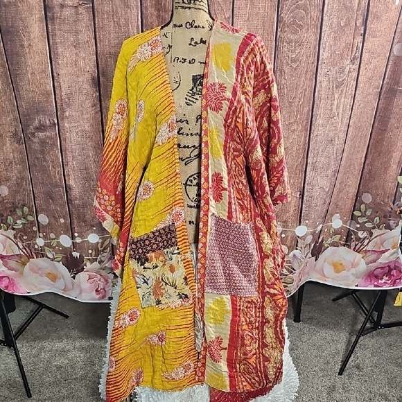 Other - NWOT Vibrant Red and Yellow Floral Kantha Kimono Sm-xl